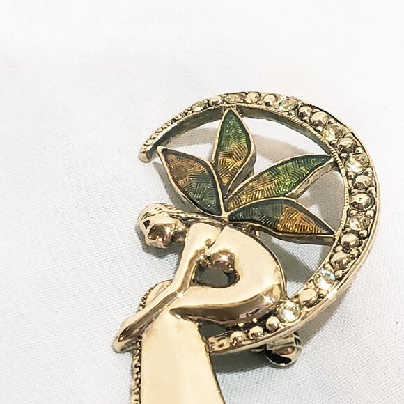 Liz Claiborne Fairy Crescent Moon Gold Tone Brooch Pin 2" Rhinestone Enamel - Picture 5 of 6